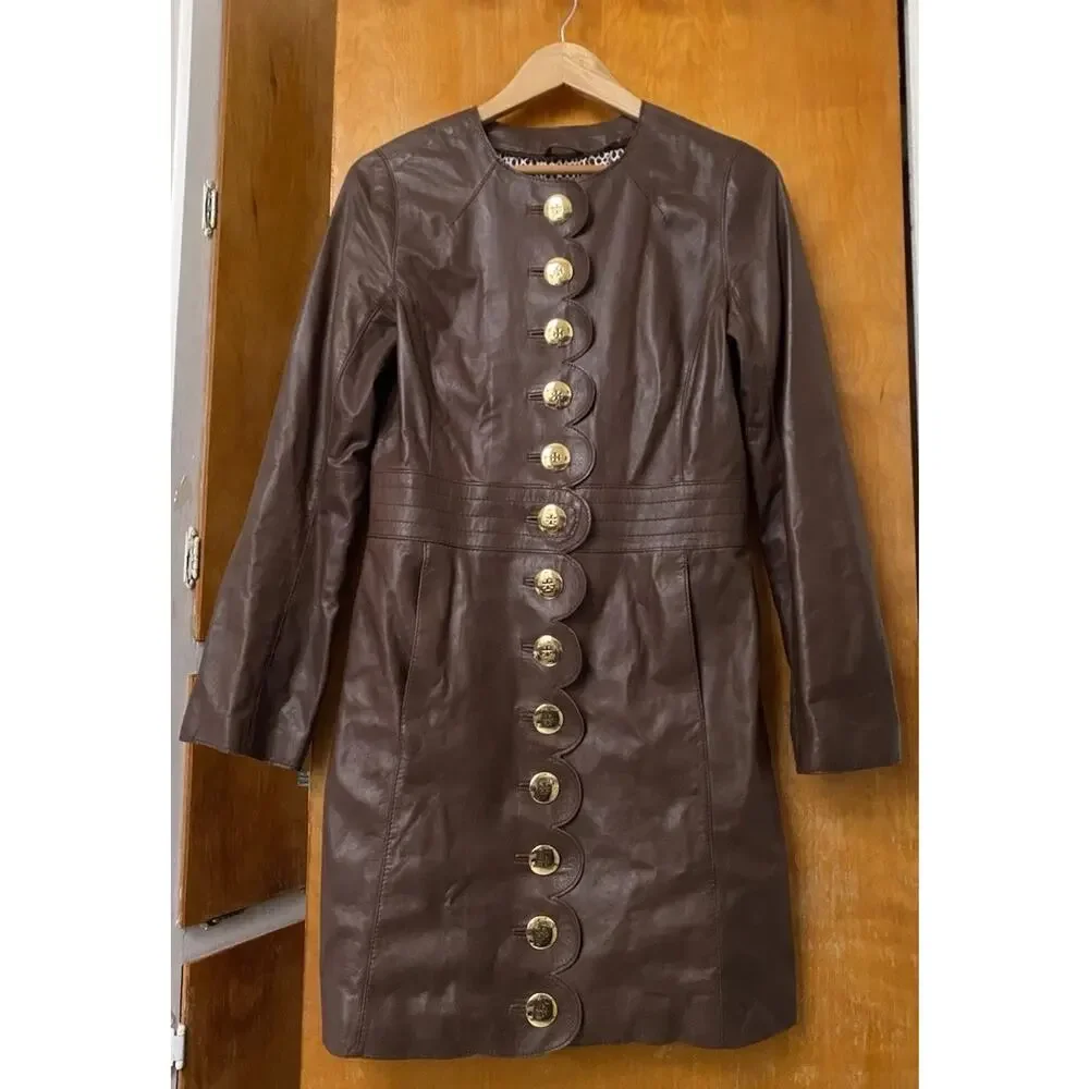 TORY BURCH Cordelia Scalloped 100% Lamb Leather Jacket Logo Buttons Long Size 6